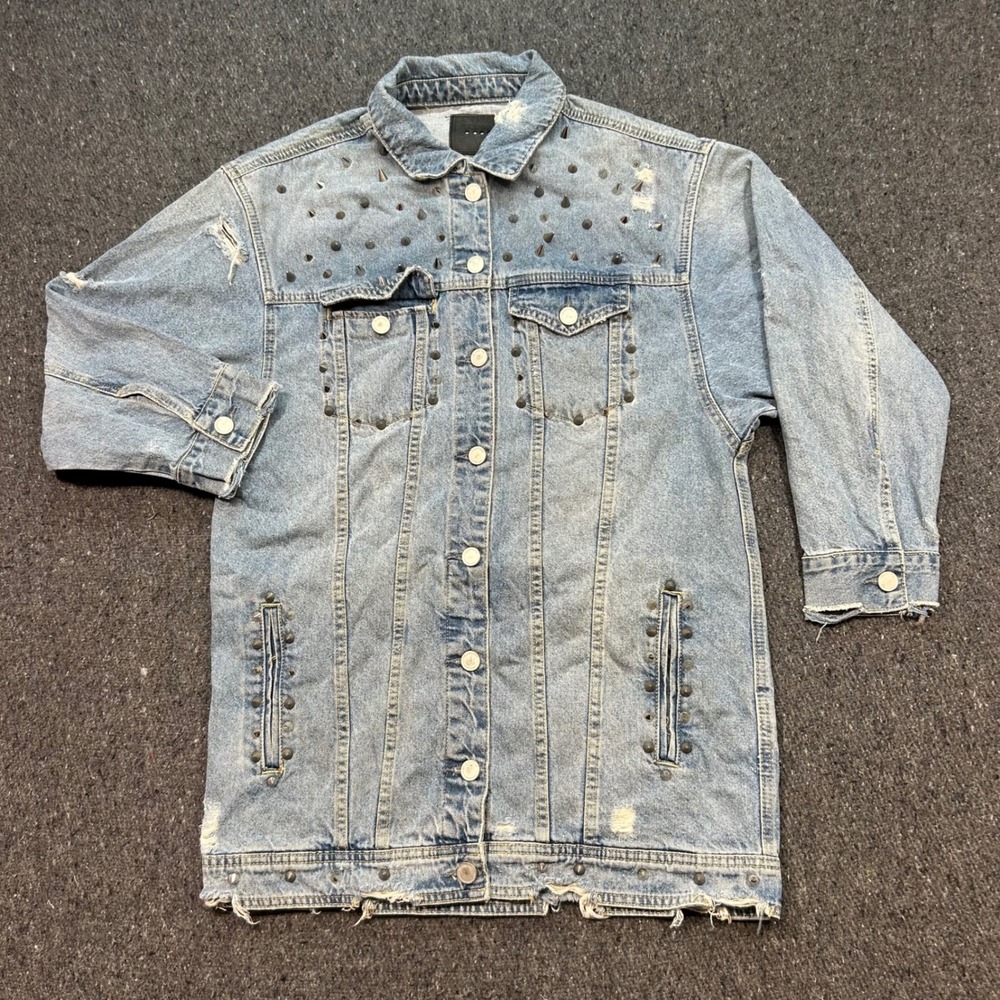 BlankNYC Studded Distressed Denim Jacket Sz M Womens Blue Grunge Spiked Trucker